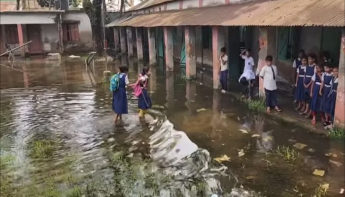 ঝিনাইগাতীতে সামান্য বৃষ্টিতেই বিদ্যালয়ের মাঠে জলাবদ্ধতা